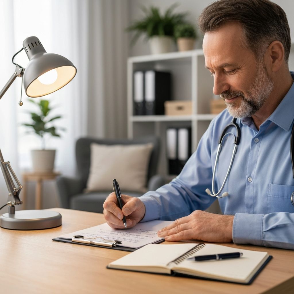 Middle-aged care coordinator writing a personalized care plan at his desk