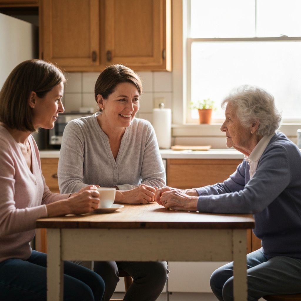 Male care assessor (late 30s) meeting with a family in a warm, professional office